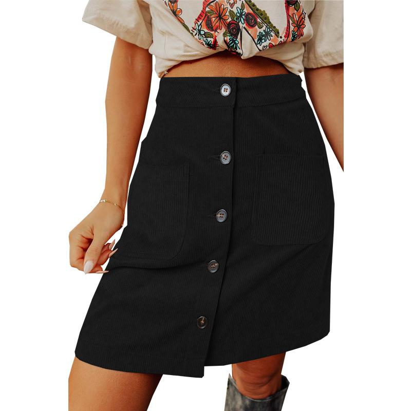 Women Button High Waist Corduroy Package Hip Skirt with Pocket