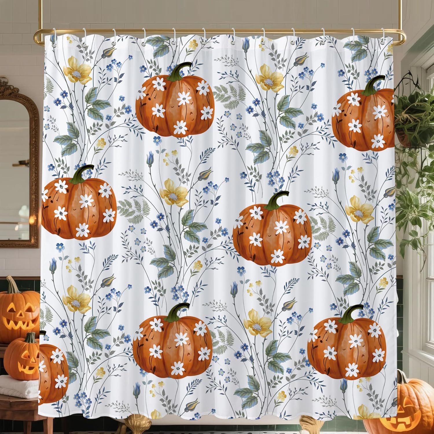 Fall Pumpkin Blue Floral Shower Curtain with Thanksgiving Harvest Pattern, Waterproof Heavy Duty Washable Bathroom Decor 90x180cm35x71in