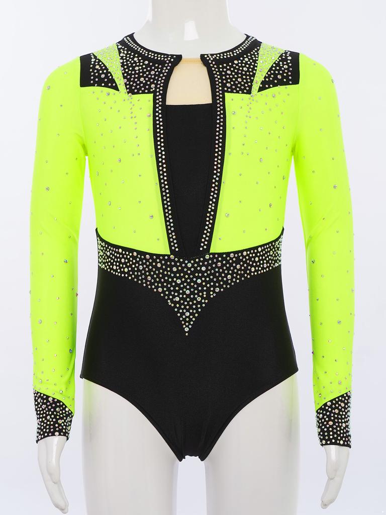 Girls Gymnastics Leotard Long Sleeve Keyhole Back Shiny Rhinestones Figure Skating Dancewear
