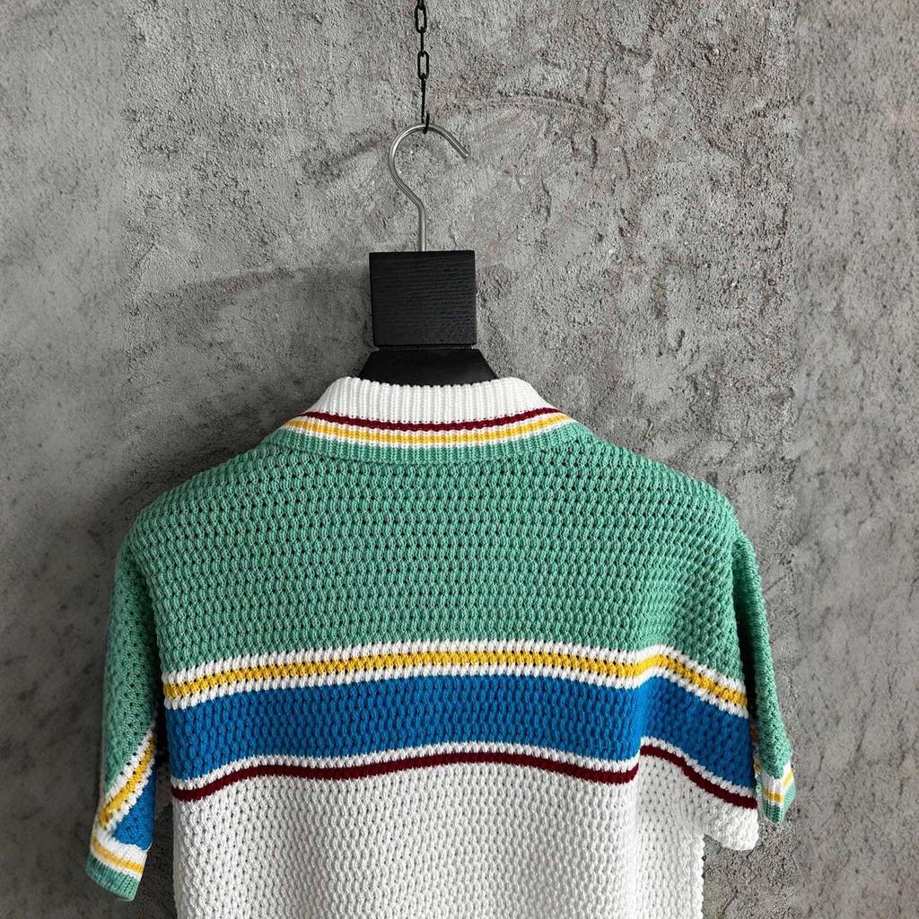 Auf Lager CASABLANCA Handgestrickter gestreifter Pullover-Cardigan aus reiner Baumwolle