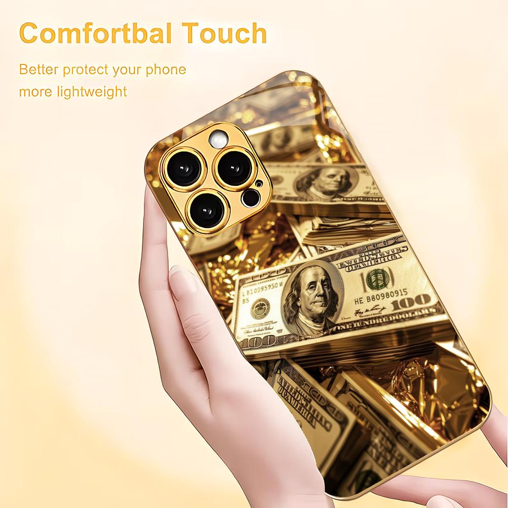 USD Banknote Pattern Electroplated Glass Phone Case Suitable for iPhone 17 16 15 14 13 12 11 Pro/Max/Plus Shockproof Back Cover