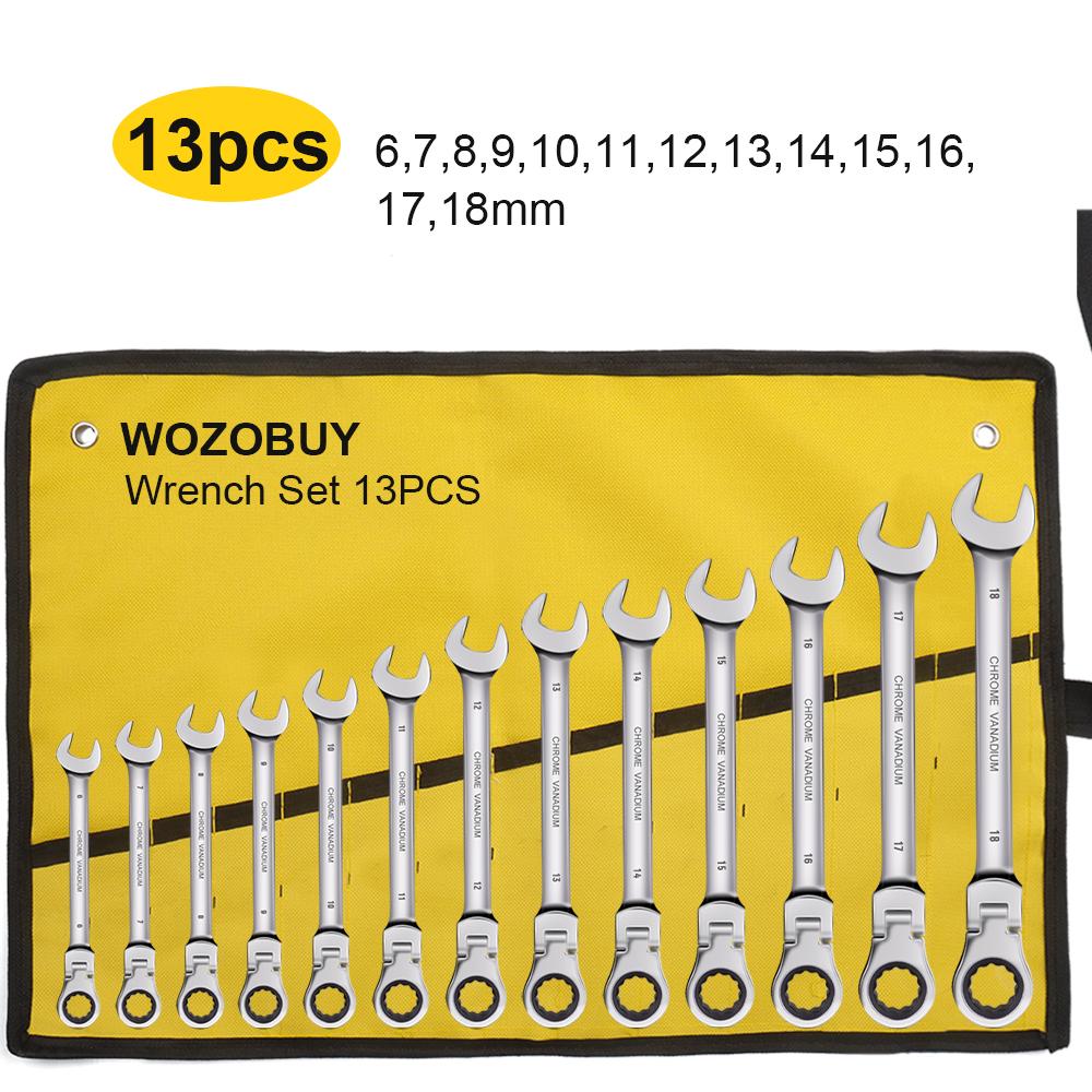 Flex Head Ratcheting Wrench Set,WOZOBUY Metric Ratchet Combination Wrenches Cr-V Gear Spanner Set Car Key Wrench Repair Tool Set