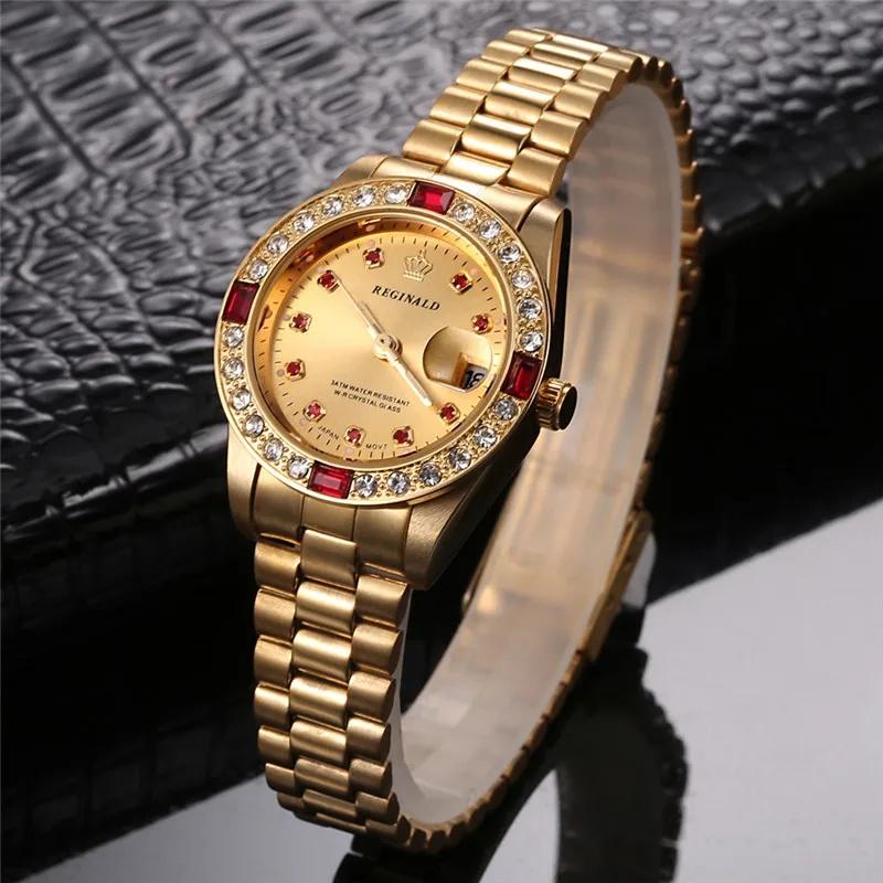 REGINALD Golden Lady Watch Date Crystal Styles Women's Dress Clock Water Proof Dress Wristwatch