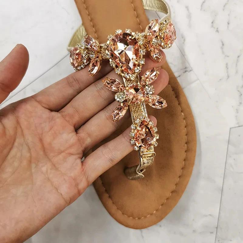 Fashion Women Gladiator Sandals Summer Beach Diamond Big Size Fashion Female Sandal Roman Rhinestones Flat with Woman Casual Shoes