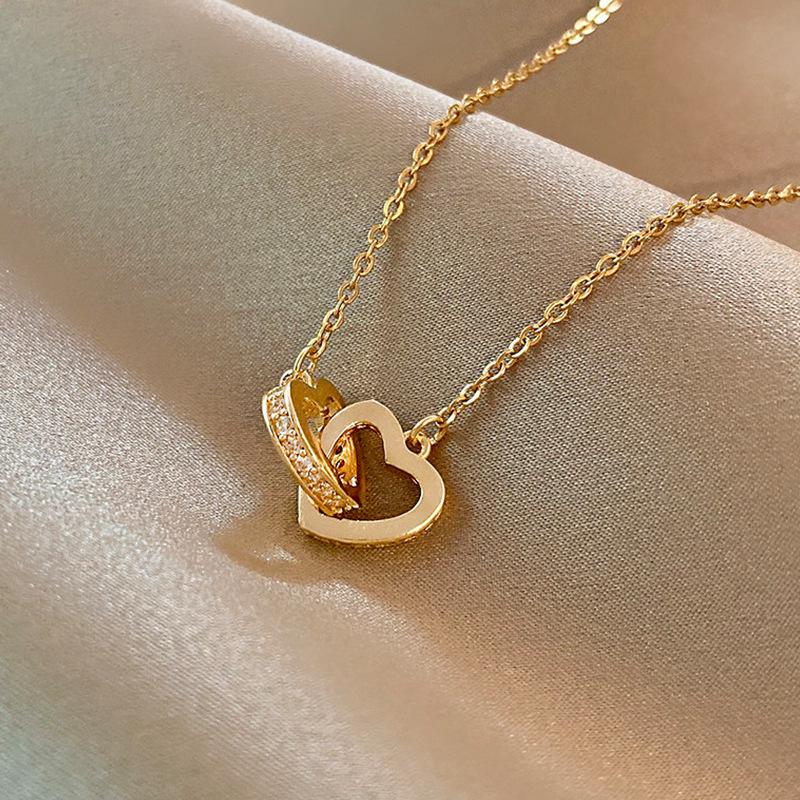 Gold Heart Double Ring Pendant Necklace - Women's Luxury Titanium Steel Clavicle Chain