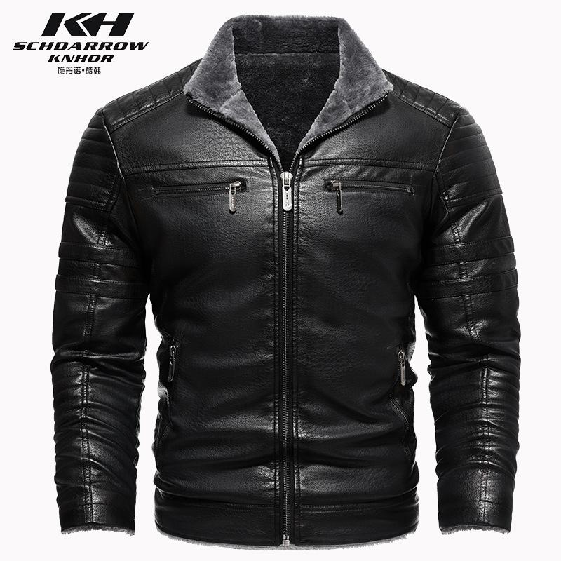 

Men s Genuine Leather Jacket with Faux Fur Collar, Zipper Front, and Multiple Pockets - Brown & Black S чёрный