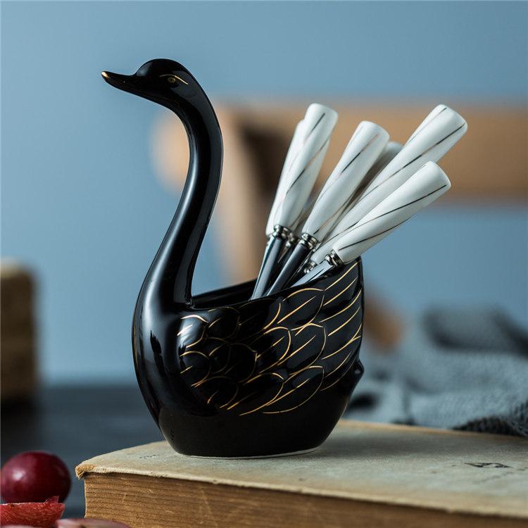 

Stainless Steel Fruit Fork Swan Ceramic Storage Bucket Storage Tank Metal Fruit Stick Dim Sum Dessert Fork Set Tableware Set