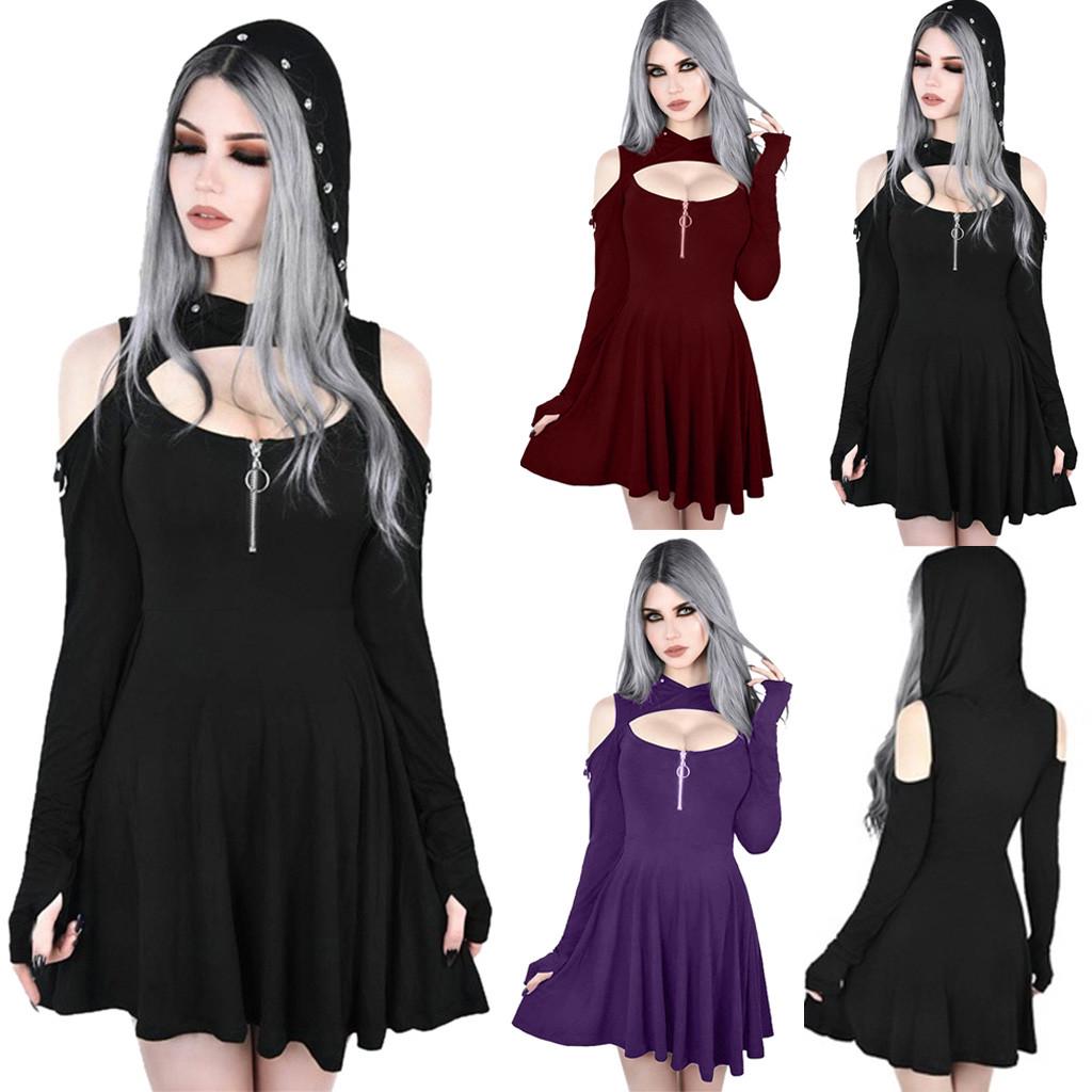Damenmode Gothic-Farbe mit Kapuze, tief geschnitten, kalte Schulter, Reißverschlusskleid
