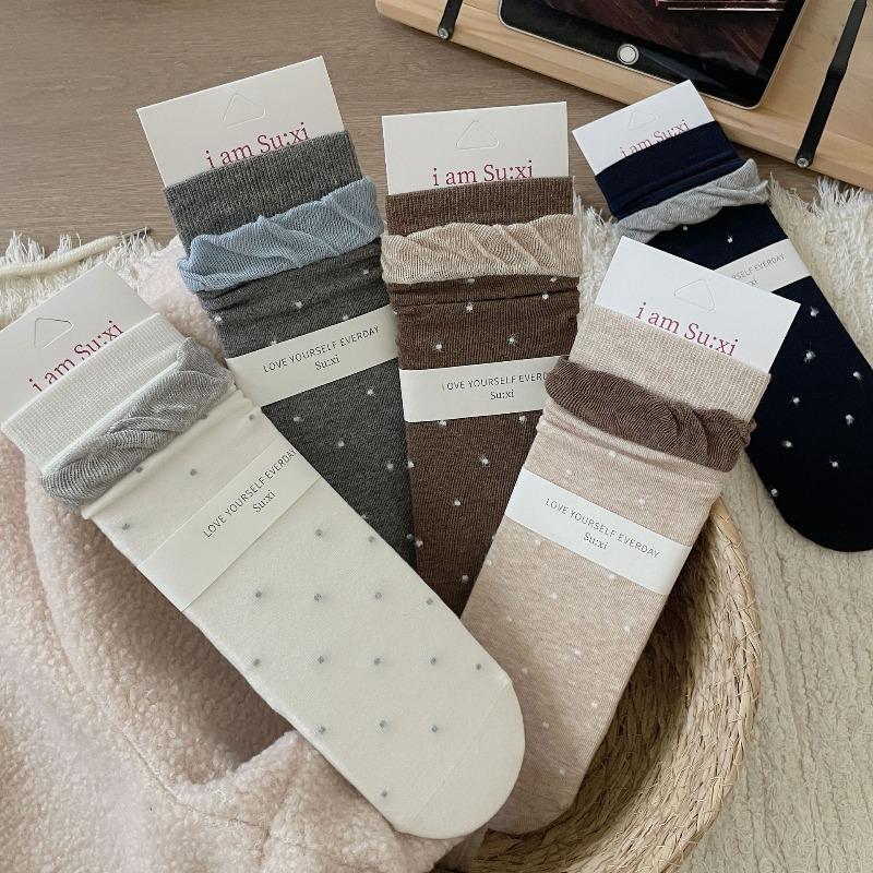 Autumn and Winter Personalized Retro Style Socks, Women's Bubble Lace, Flocked Polka Dot Pile Socks, Pure Cotton Boneless Mid-calf Socks