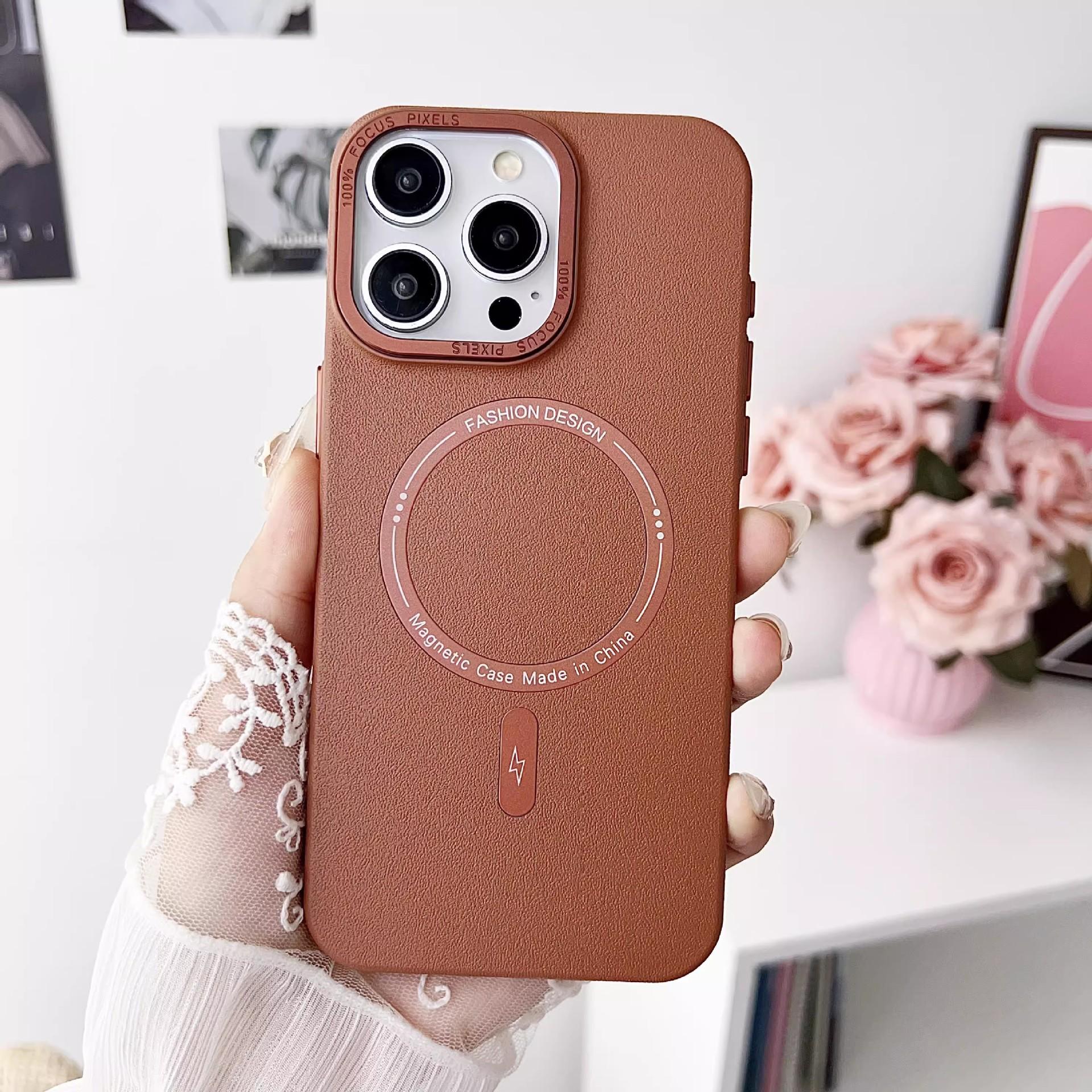 

Magnetic Suction Suitable for Iphone16promax Leather Pattern Mobile Phone Case Apple 15 Metal Lens 14 Advanced Sense Protection Case iPhone16