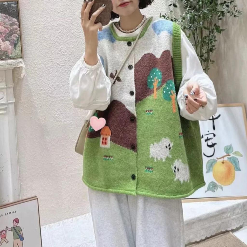 Jacquard Knitted Waistcoat Cardigan Women's Autumn Loose Plus Size Soft Stacked Knitwear Vest