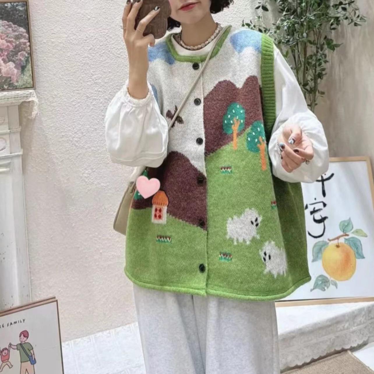 

Жаккардовый трикотажный жилет кардиган женский осенний свободный жилет большого размера из мягкого трикотажного полотна One Size зелёный