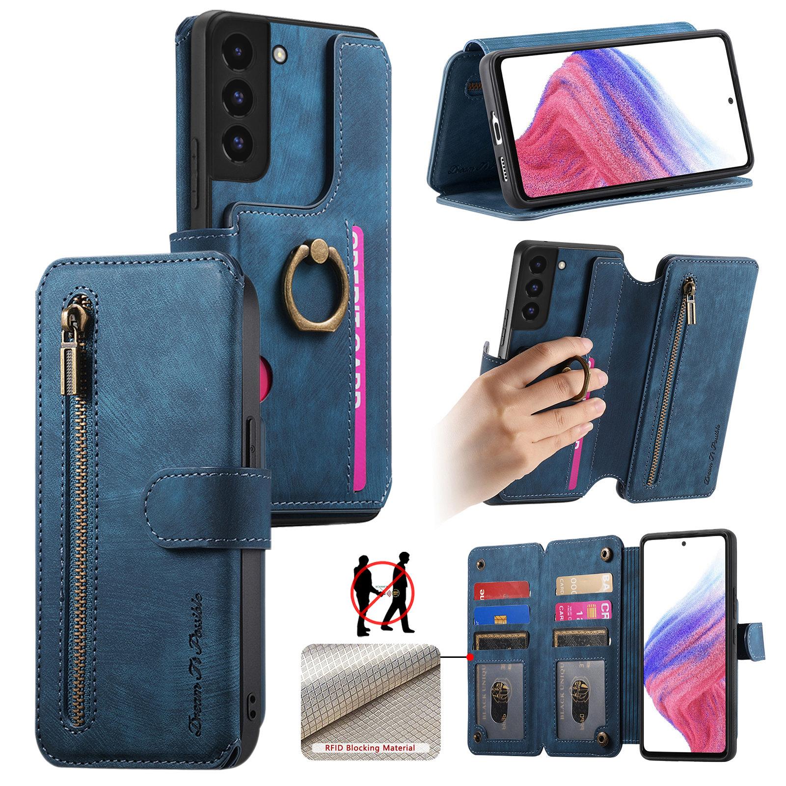 

For Samsung Galaxy S22+ 5G Leather Phone Back Cover with RFID Blocking Zipper Wallet Kickstand Blue