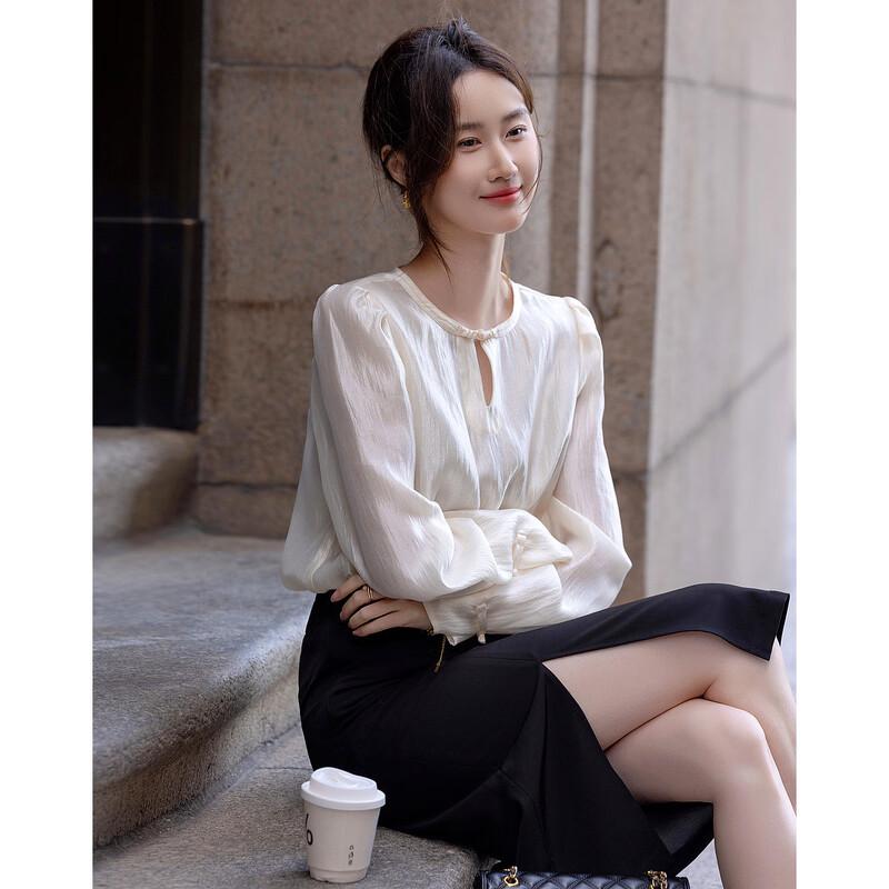Demana Fashion Editor Spring Lyocell Puff Sleeve Disc Button Shirt