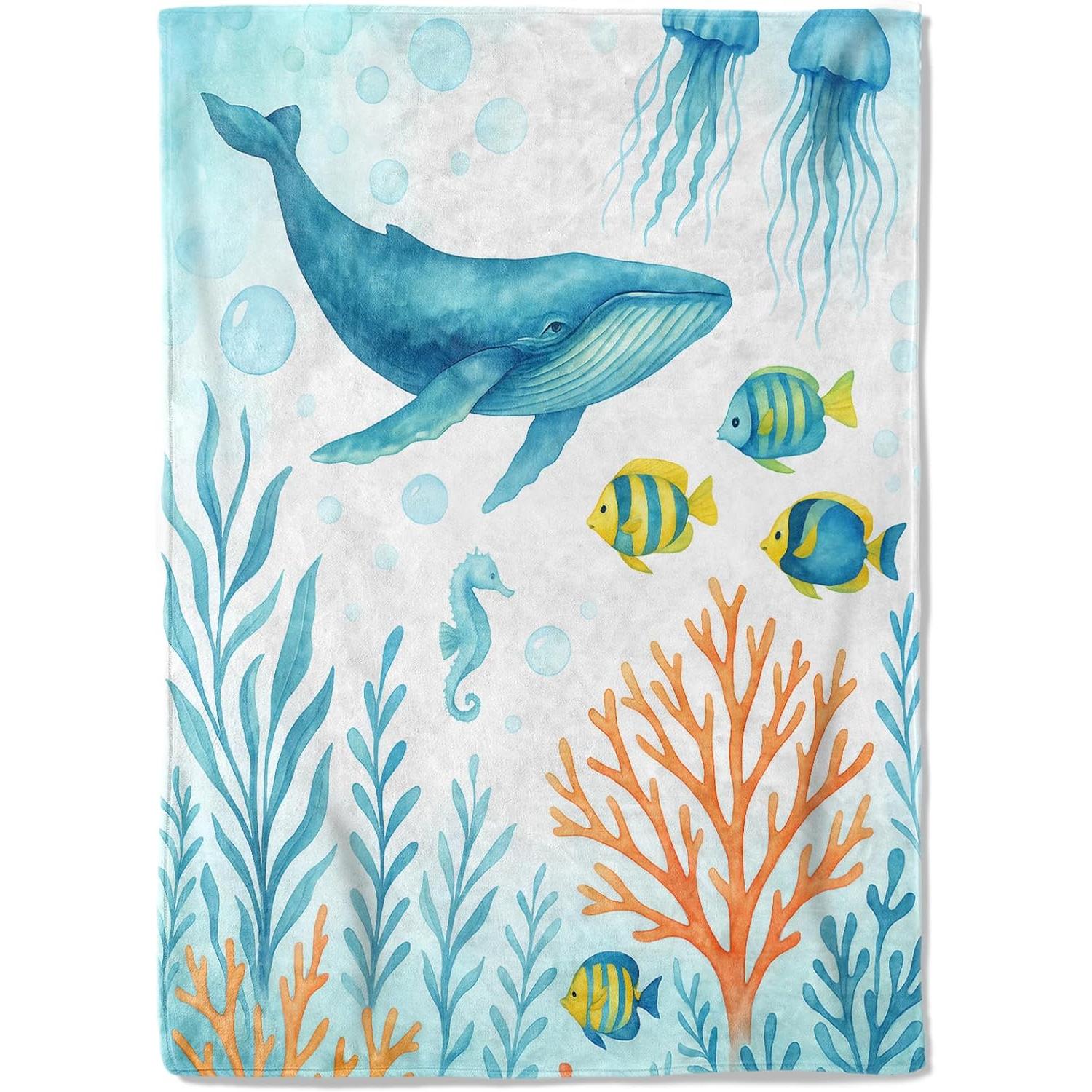 

Watercolor Whale Fleece Blanket,Ocean Sea Life Coral Fish and Seahorse Throw Blankets,Soft Cozy Lightweight, Ideal for B 75x90cm