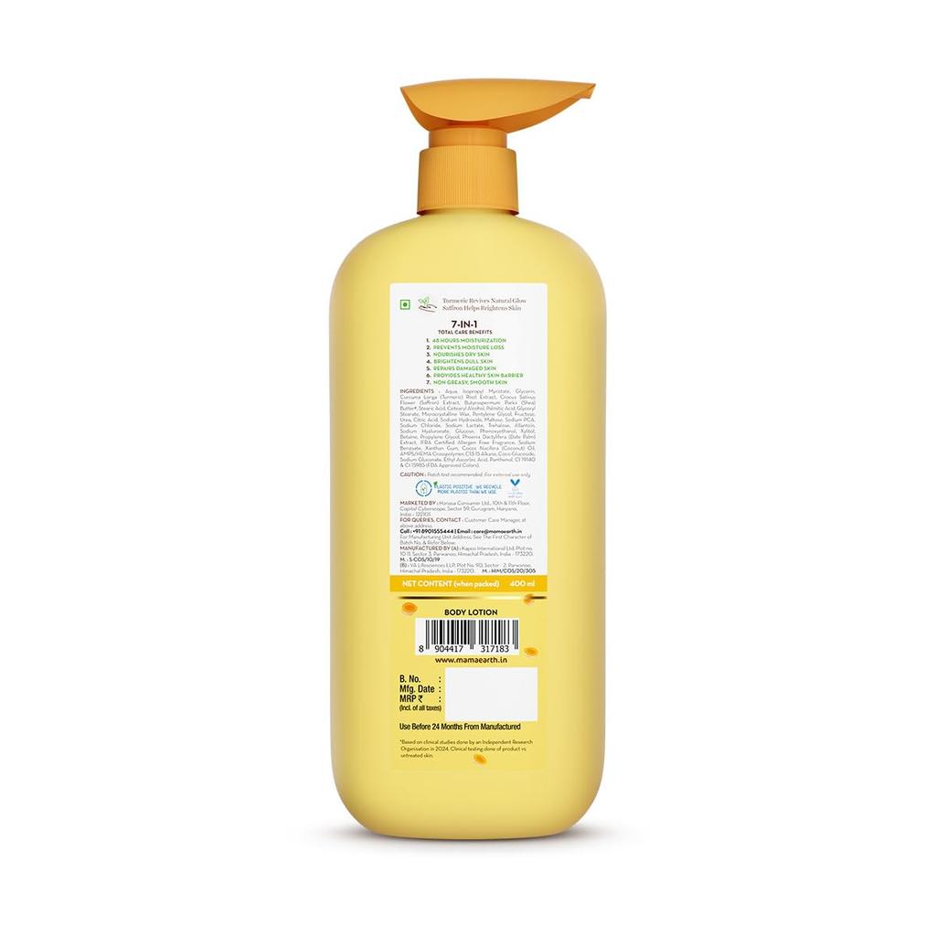 Mamaearth Ubtan Feuchtigkeitsspendende Körperlotion mit Kurkuma & Safran für strahlende Haut | 48 Std. Feuchtigkeit | Pflegt trockene Haut | 7-in-1 Komplettpflege