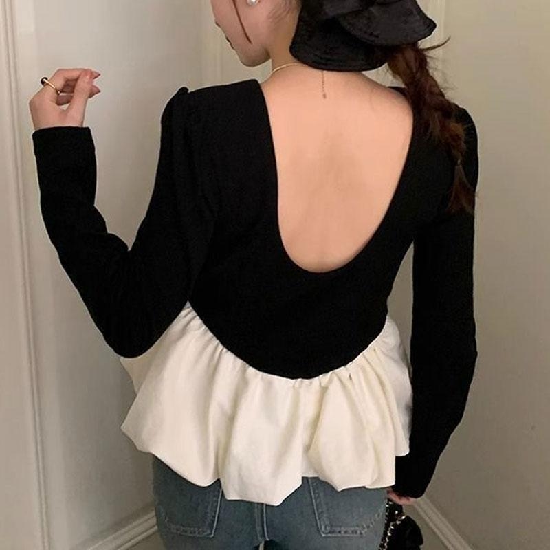 O-Neck Elegant Backless Blouse Women's Contrasting Colors Spliced Ruffles Spring Autumn Long Sleeve Waist Shirt