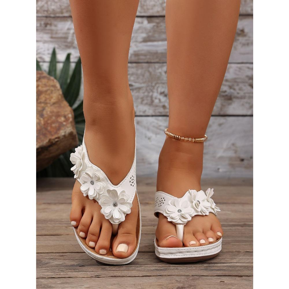 Women's Fashion Slip-On Flip Flops, Floral Decor Flat Sandals, Comfort PU Sole Casual Shoes for All Seasons