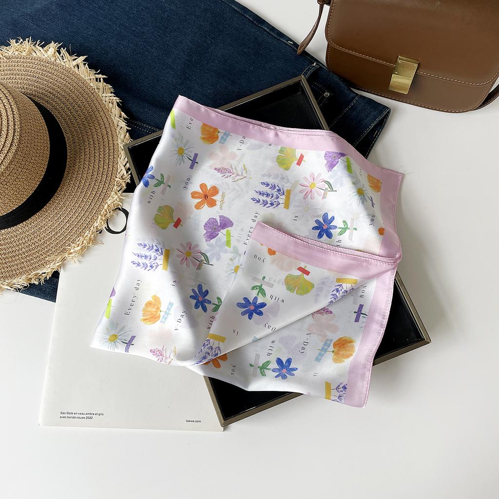 Fresh And Sweet Flower Silk Scarf Square Scarf Women'S Literary And Decorative Headscarf Square Scarf High-End Silk Scarf Thin