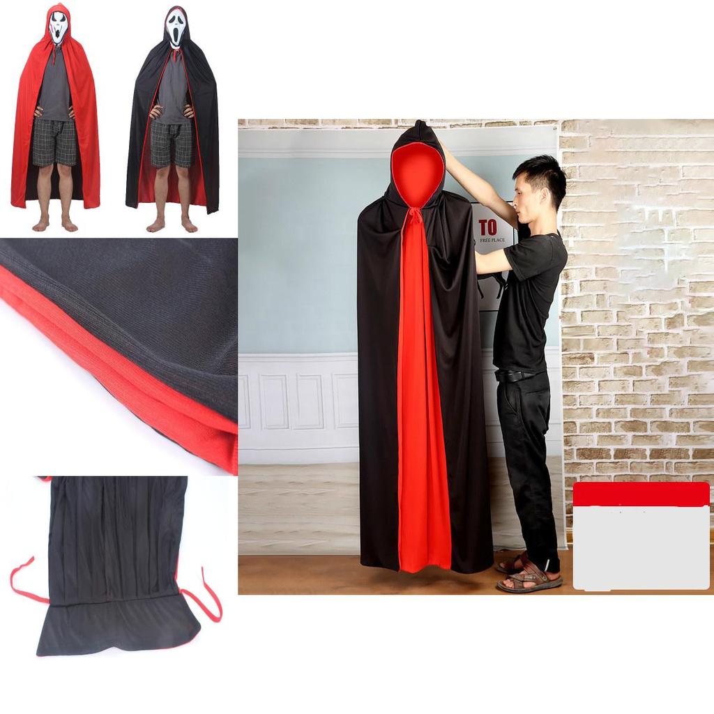 Mantello da Vampiro di Halloween con Cappuccio per Adulti e Bambini Reversibile Nero e Rosso Costume Cosplay