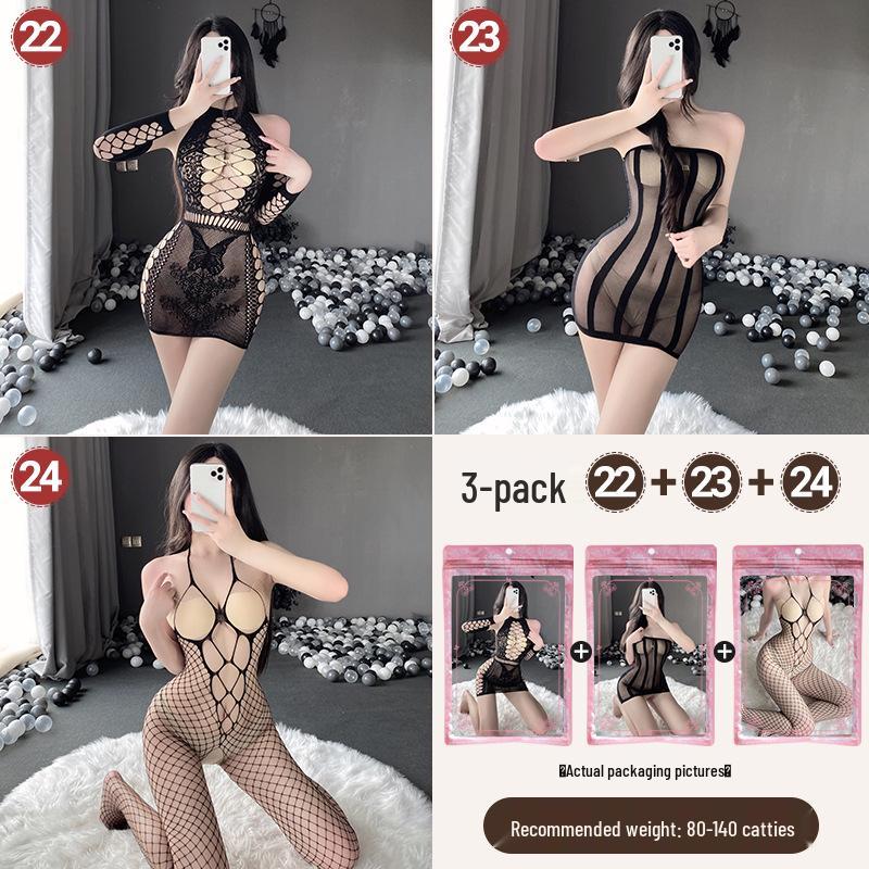 Linlinting Plus Size Sexy See-through Cutout Bodysuit with Open Crotch Stockings Set