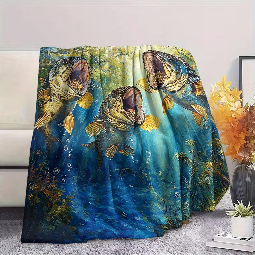 Flanelová deka s potiskem ryb, Vysoce kvalitní, Pohodlná pro všechna roční období, Domácí dekorace, Teplo a pohodlí, Perfektní jako vánoční dárky