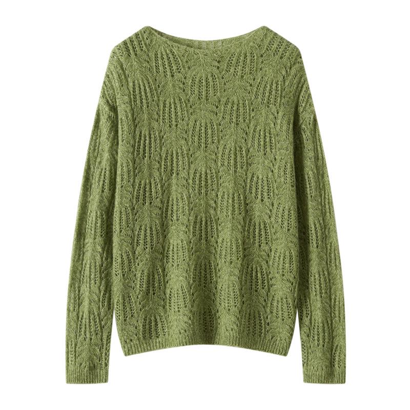 Korean Style Women's Cashmere Lyocell Round Neck Hollow Knit Sweater