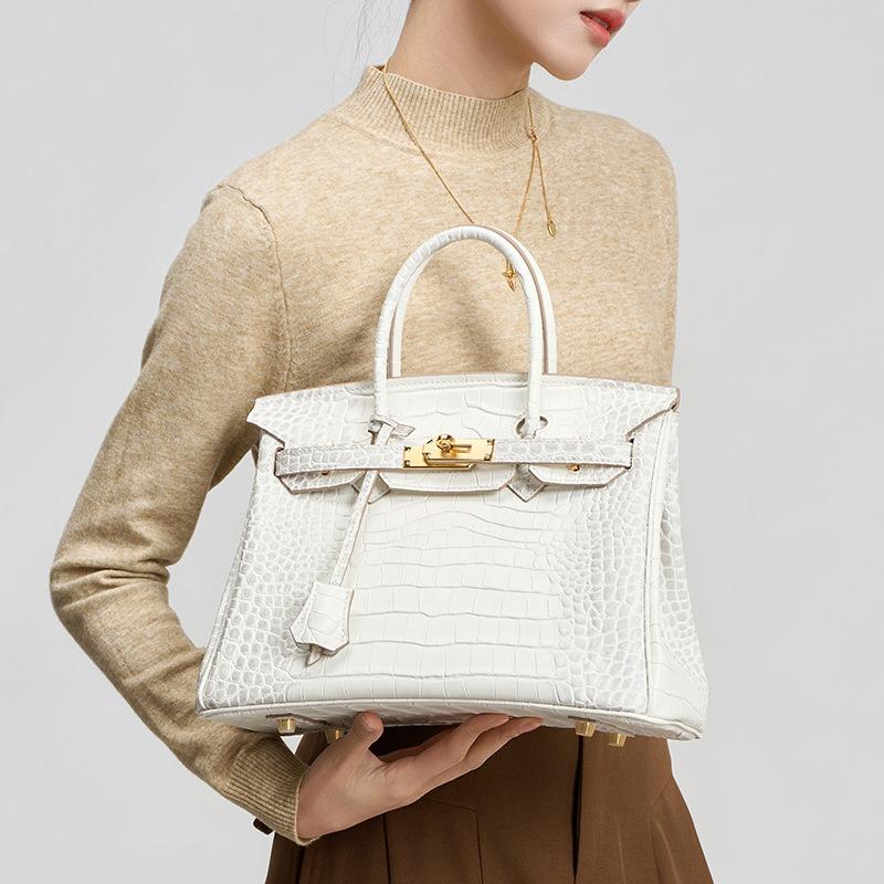 Borsa in pelle di vacchetta di primo strato con motivo coccodrillo bianco, borsa a tracolla di alta gamma, borsa a mano da donna grande in pelle per pendolari