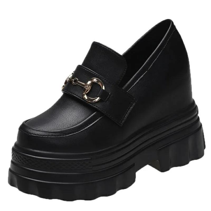 Fashion 11CM Spring Autumn Heels Leather Chunky Shoes Classic Women High Platform Sneakers Black Tennis Female Vulcanized Shoes Woman