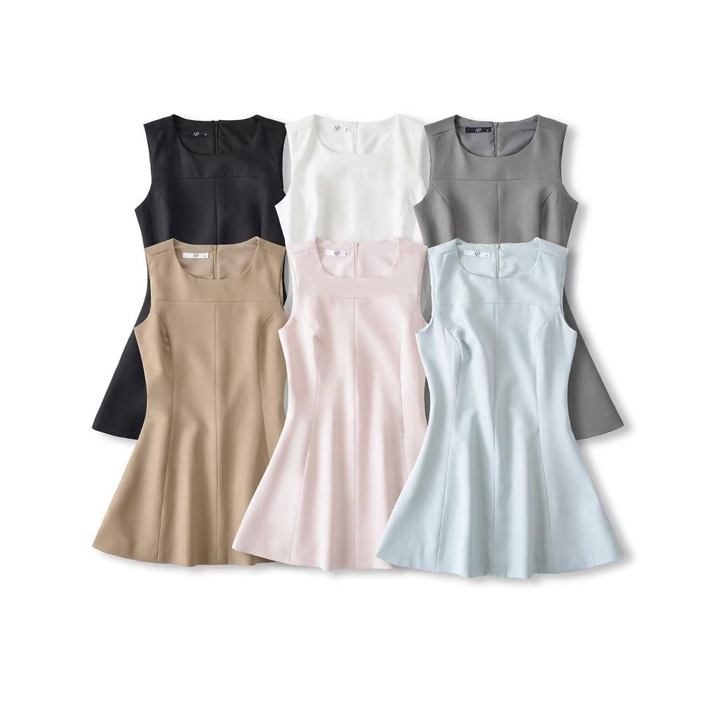 YPFF Trendy Women's Sleeveless Waist-Cinched Solid A-line Dress
