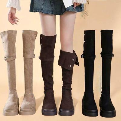 2025 Fall/Winter Women's Fold-Over Chunky-Heeled Knee-High Riding Boots