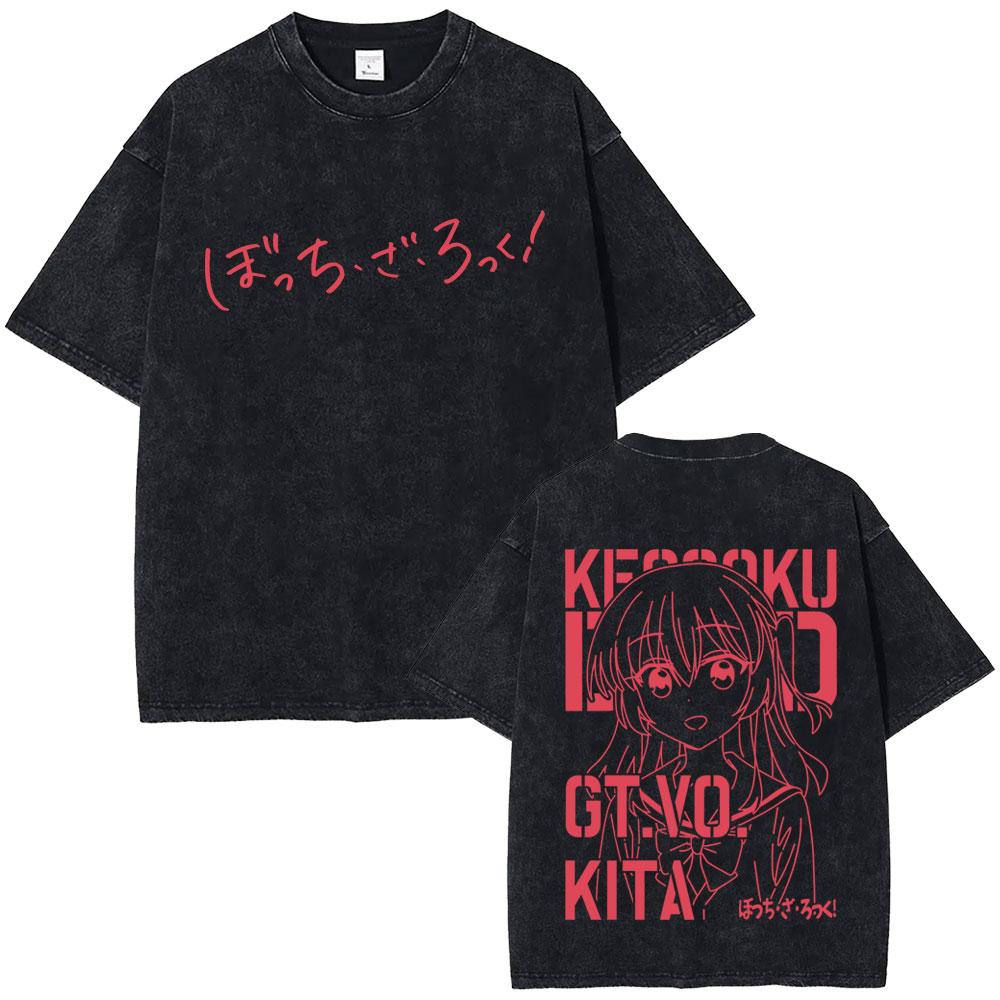 Gewaschenes Vintage Anime Bocchi The Rock Gotoh Hitori Grafik T-Shirt Herren Damen Freizeit Baumwolle Übergroße T-Shirts Streetwear Unisex