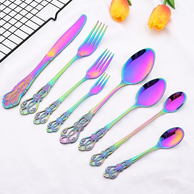 Luxury Rainbow Western Dinnerware Stainless Steel Cutlery Set Steak Knife Dessert Fork Coffee Spoon Ice Spoon Tableware Set