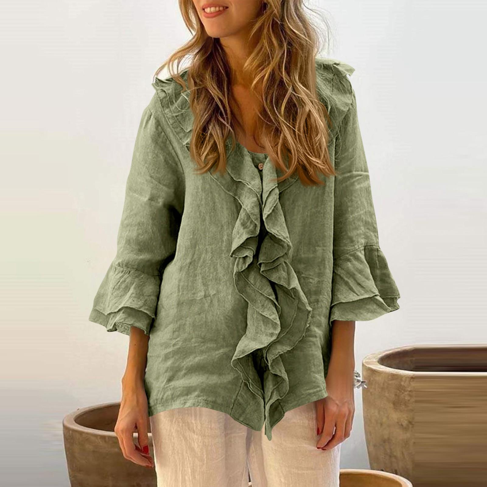 

Женская мода однотонный топ с V-образным вырезом на пуговицах и рукавами 3/4 XXXL зелёный