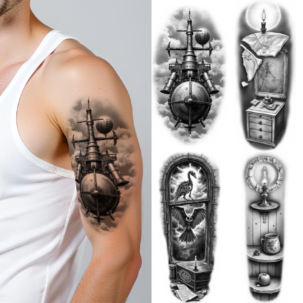 3pcs Temporary Tattoo Black And Grey Realism Candle And Bottle Cauldron With Smoke Sky And Bird For Adults Thighs Women