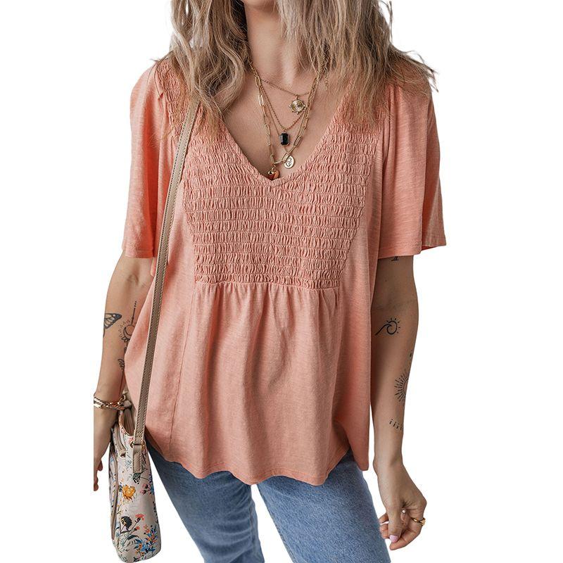 US Shiying Loose Solid Bid V neck pullover Women 2025 Summer New Simple Short sleeve T-shirt Women