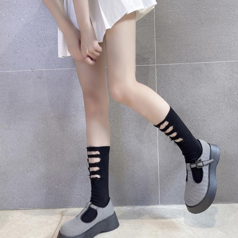 Women Gothic Ripped Holes Crew Socks Ribbed Knitted Harajuku Punk Hip Hop Skateboard Middle Tube Hosiery Streetwear