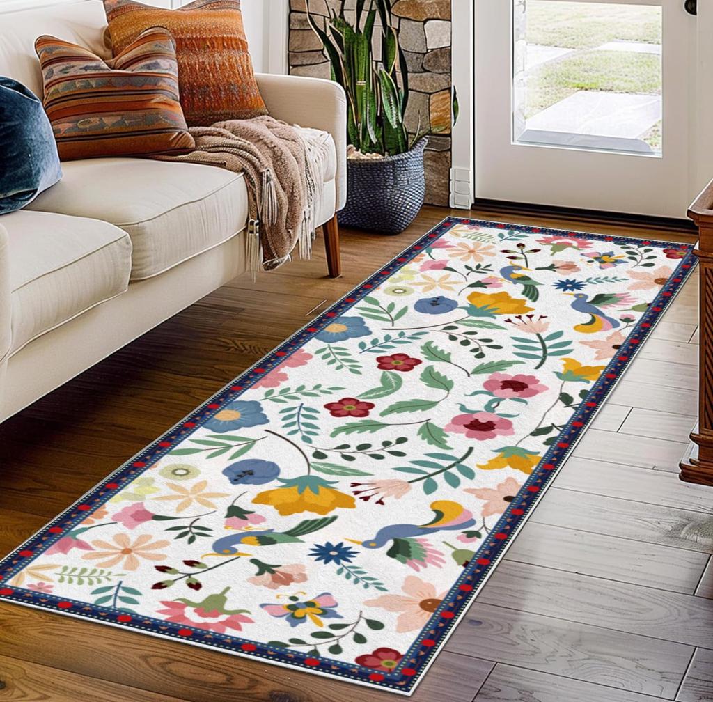 Alfombra de Pasillo Antideslizante Lavable con Diseño de Planta Tropical y Flor Patrón de Pájaro Colorido Felpudo para Cocina Pasillo Pasillo Decoración Alfombra de Suelo