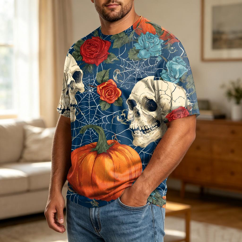 Men's Halloween Print Plus Size Comfortable Breathable Casual Loose Fit T Shirt Top Suitable for Daily Wear and Seasonal Events