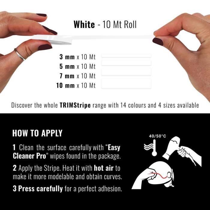 Bandes adhésives - trim stripes - 3 mm x 10 mt - vinyle cast - thermoformable - blanc