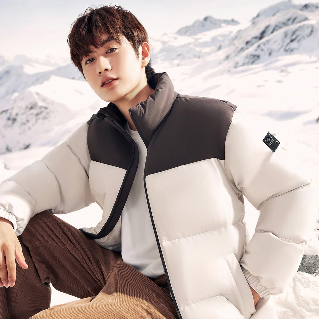 Anta Training Series Color Block Zip Up Stand Collar Down Jacket Men Jacket Gray 952347901-1