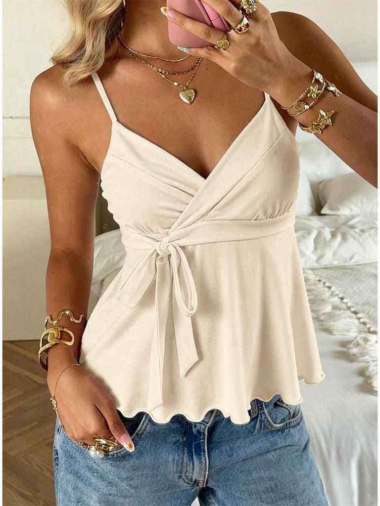 2026 V-Neck Waist-Cinching Ruffled Camisole for Women - European/American Style, Slimming Sleeveless Top