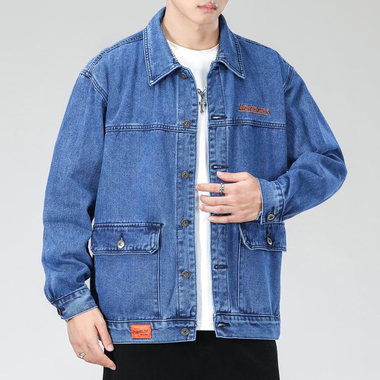 Men's Functional Embroidered Denim Jacket - Autumn/Winter Loose Fit, Japanese Trend, Plus Size Outerwear