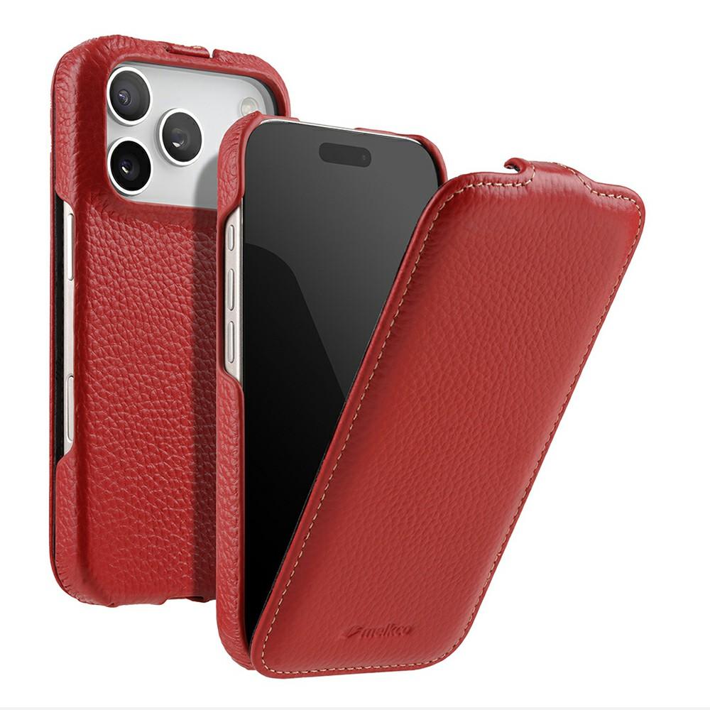 MELKCO For iPhone 17 Pro Max Case Compatible with MagSafe Vertical Flip Genuine Cow Leather+PC Phone Cover