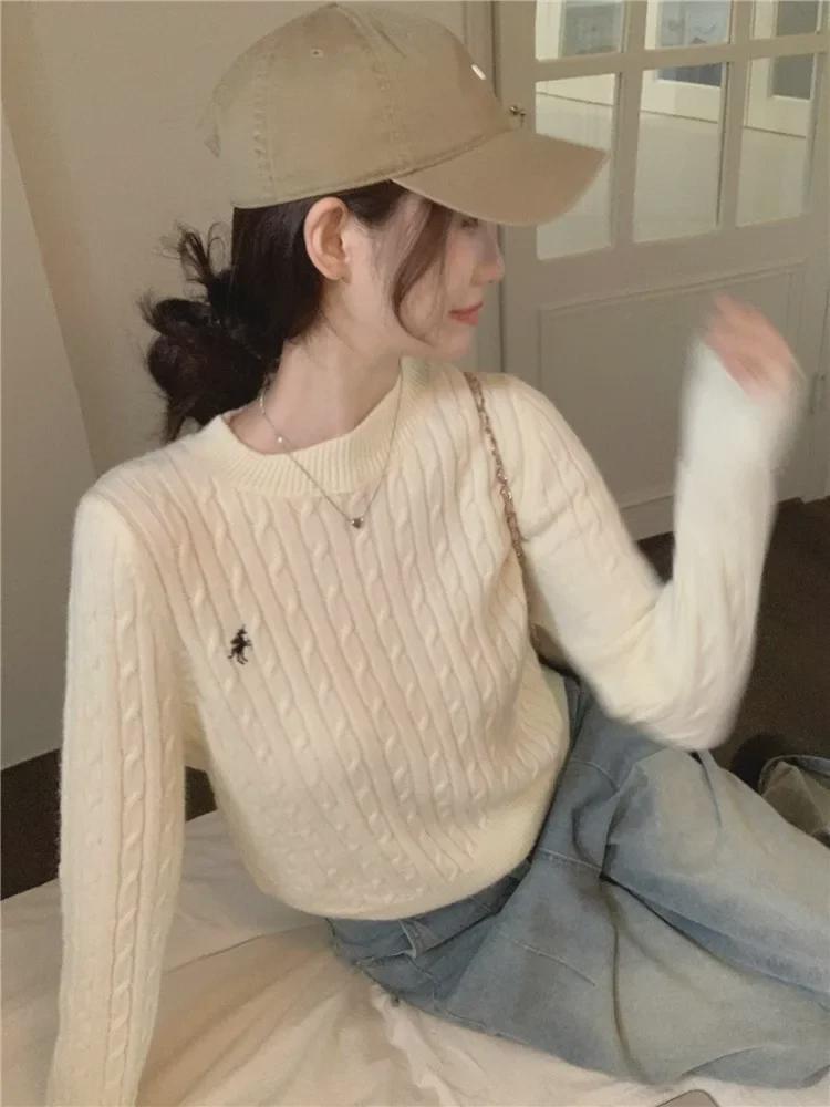 Women's Off-White College-Style Thick Embroidered Knit Sweater, Autumn/Winter Design