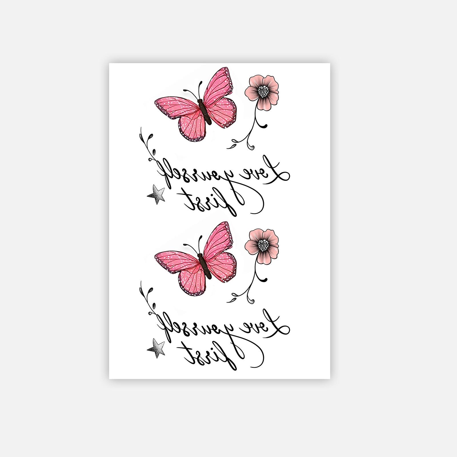 Wrist Collarbone, Butterfly, English First Love Yourself Tattoo Sticker Advanced Sense Waterproof Lasting Tattoo Sticker 7*10