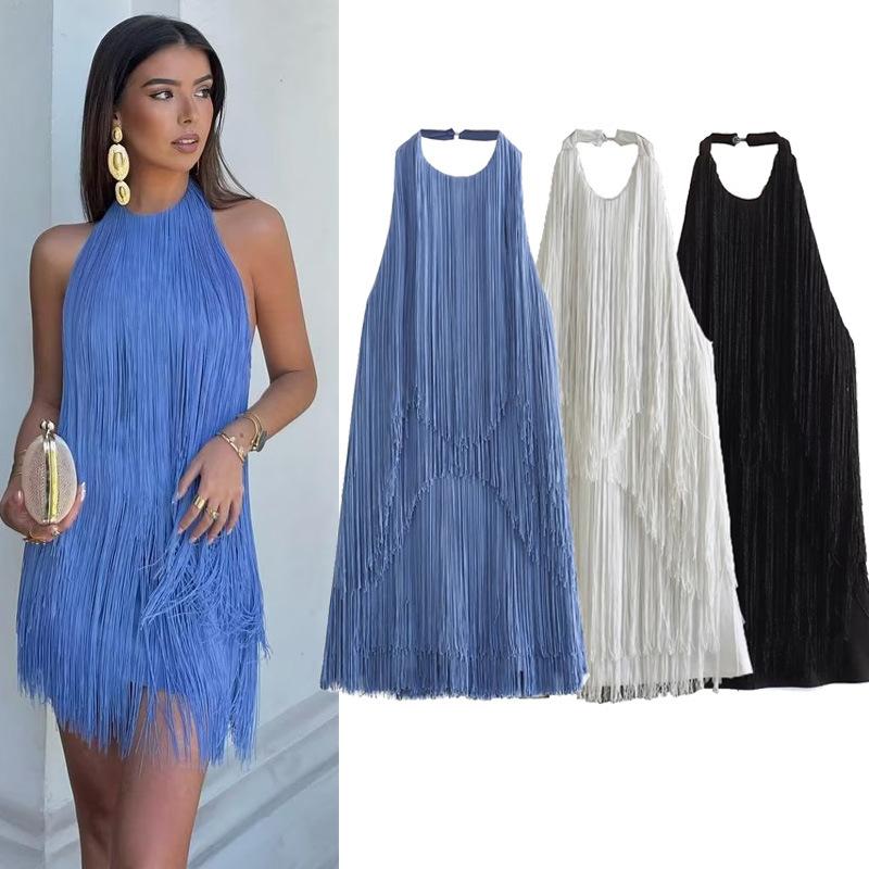 Summer Fashion Halter Neck Sleeveless Fringe Dress Women's Elegant Bodycon Mini Dress