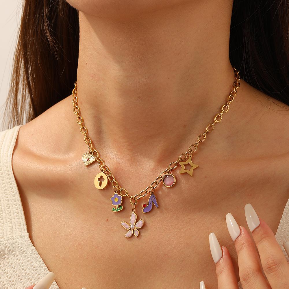 316L Stainless Steel Novel Fun Colorful Flowers High Heels Cross Star Heart Pendant Necklace Women New Trend Neck Chain