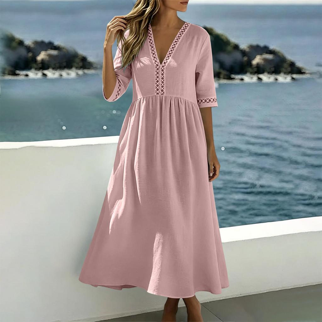 Women Casual Loose Fit V Neck Short Sleeve Dress Cotton Linen Blend Midi Length Summer Dress with Lace Trim Detailing