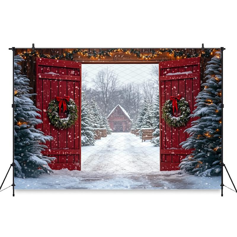 Mocsicka Christmas Photography Background Winter Snowflake Decoration Photo Backdrops Xmas Tree Red Door Pattern Shooting Banner